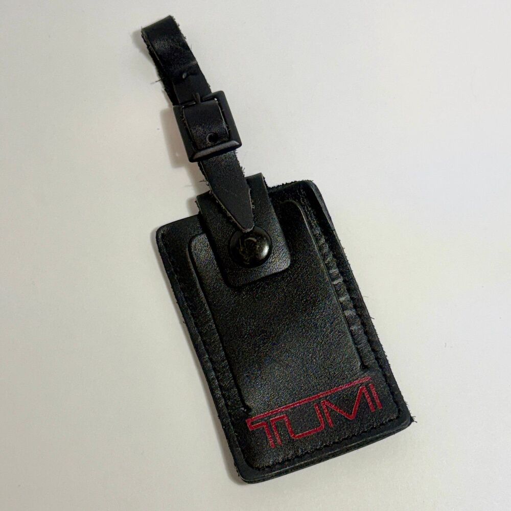TUMI Black Leather Luggage Tag Red Embossed Logo Snap Cover ID Window